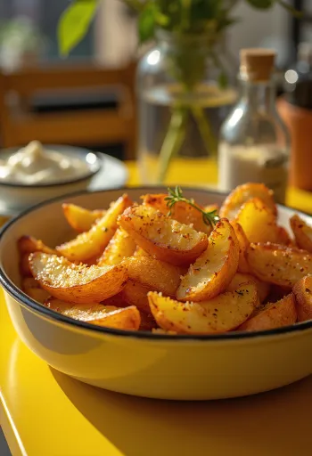 Crispy spiced potatoes baked golden brown, sprinkled with fresh herbs