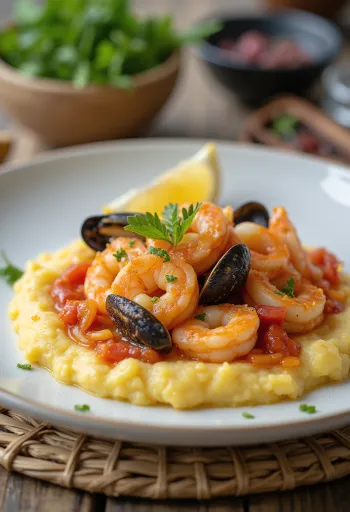 Polenta with seafood, creamy base served with seafood mix topping
