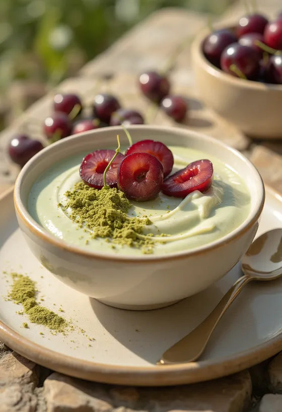 Probiotic yoghurt served with cherries and matcha powder