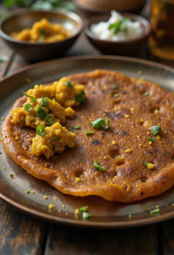 Ragi dosa freshly cooked to a crisp, served with spiced filling and coconut