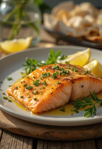 Baked salmon fillet with crispy skin, garnished with lemon slices