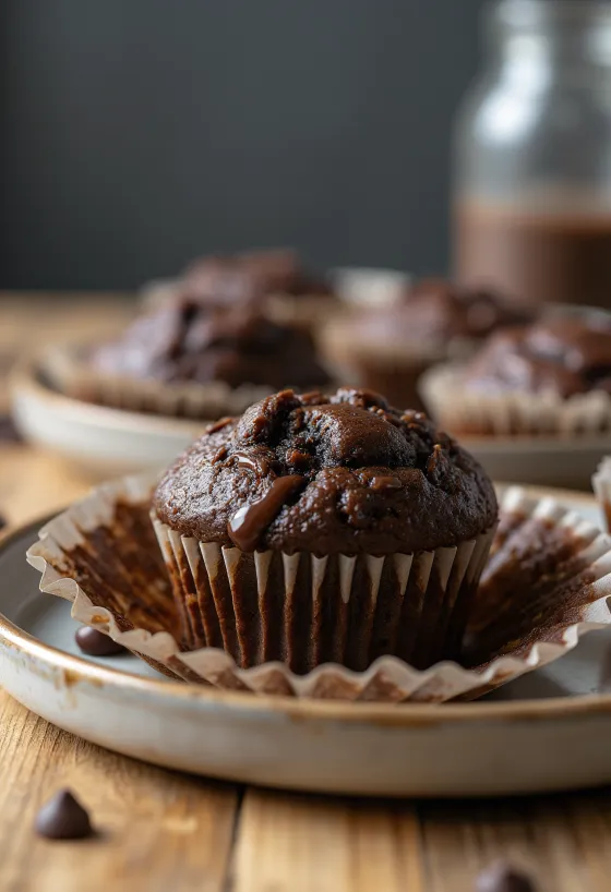 Chocolate muffins baked golden brown, served with chocolate chips