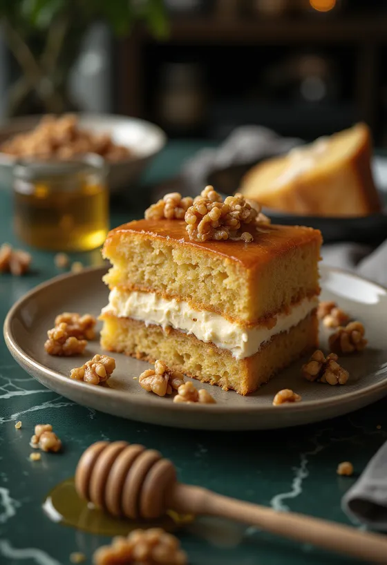 Honey and walnut layer cake served on a plate