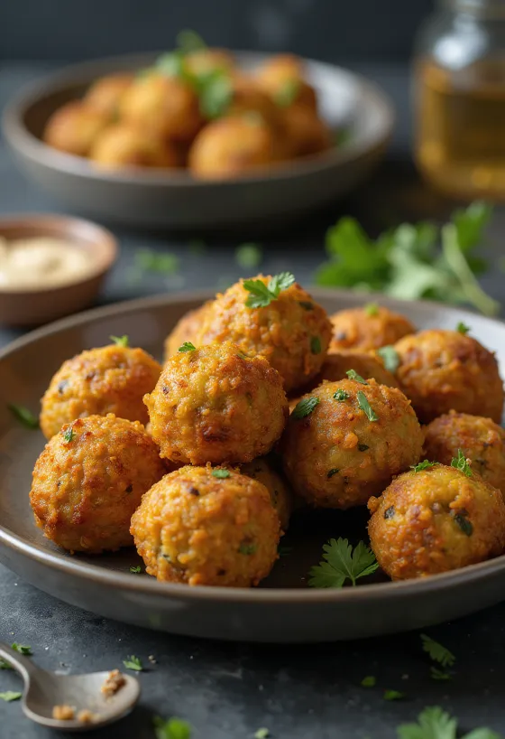 Falafel with crispy golden brown outside, sprinkled with fresh herbs
