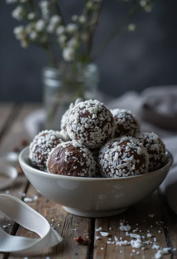 Snowy chocolate balls rolled in coconut