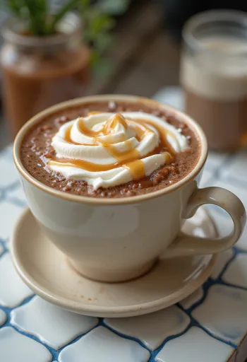Salted caramel hot chocolate decorated with whipped cream and a drizzle of caramel sauce