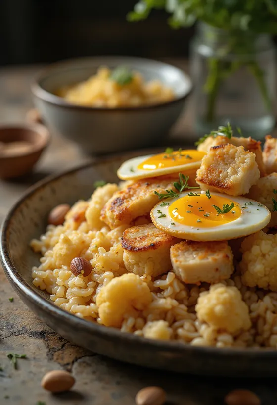 Chicken Maqluba – layered rice, fried vegetables and chicken served turned out, Eastern style