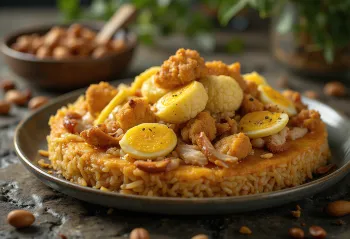 Chicken Maqluba – layered rice, fried vegetables and chicken served turned out, Eastern style