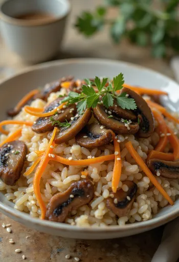 Okowa with shiitake mushrooms and carrots served with fresh vegetables and sesame seeds