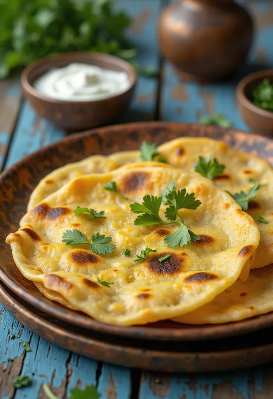 Paneer Thepla made with gluten-free dough, served with fresh spices and yoghurt
