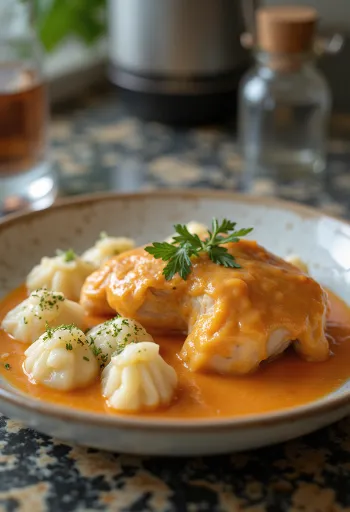 Chicken paprikash with ewe's cheese dumplings, traditional Hungarian dish