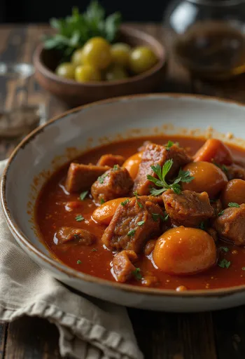Pörkölt with juicy meat cubes, served in spicy paprika sauce