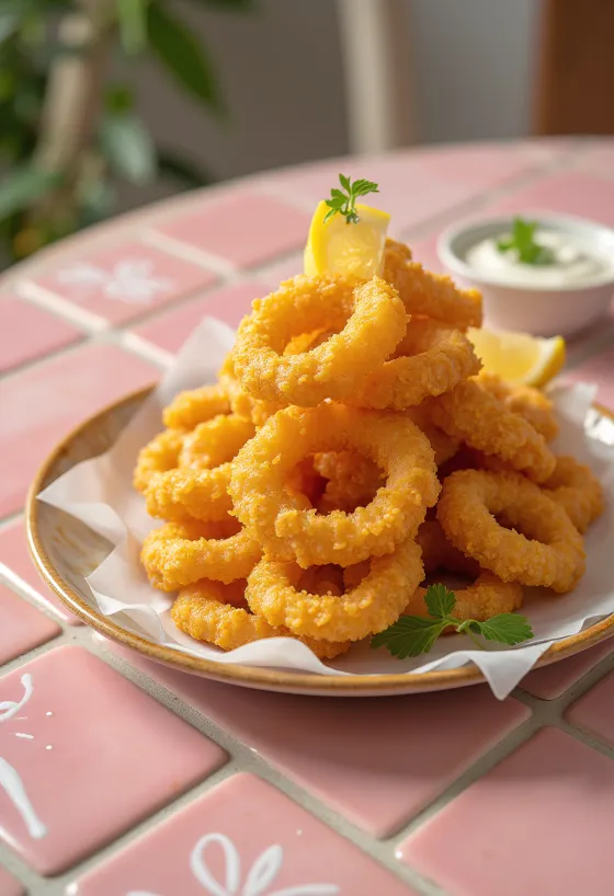 Golden brown fried squid rings served with fresh lemon slices on a plate.