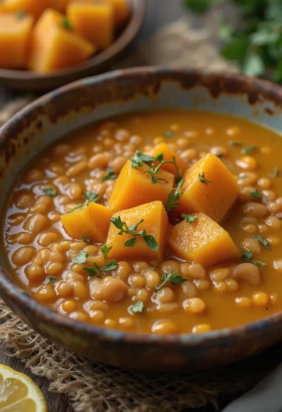 Butternut squash lentil soup served