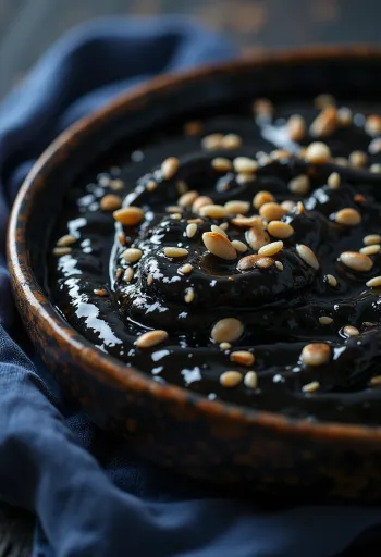 Sesame black garlic sauce in a bowl, served with toasted sesame seeds and fresh ginger.