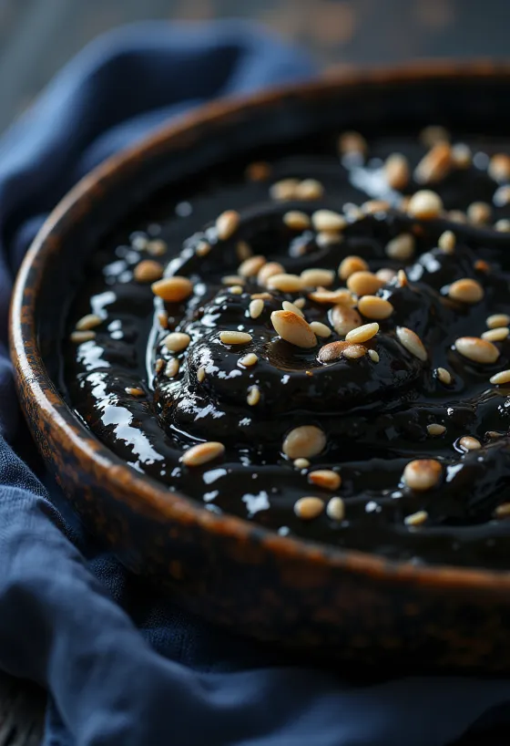 Sesame black garlic sauce in a bowl, served with toasted sesame seeds and fresh ginger.
