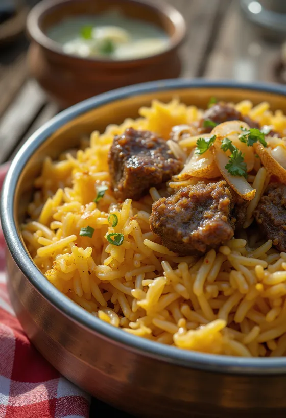 Goat Biryani, Indian style spiced rice dish