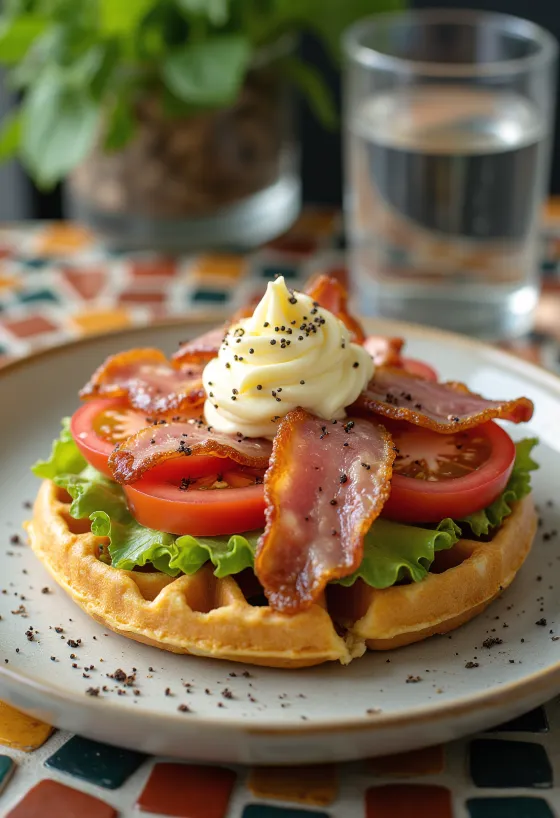 BLT waffles freshly baked with crispy bacon, tomato, and lettuce