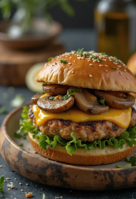 Chicken mushroom burger with grilled chicken and sautéed mushrooms