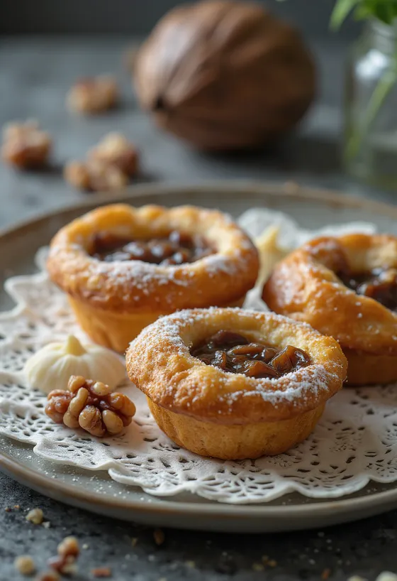 Walnut tartlet baked golden brown, sprinkled with icing sugar