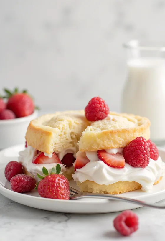 Simple fresh cream and fruit cake served on a plate