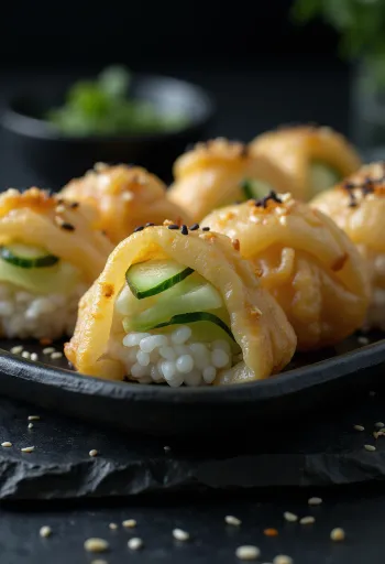 Inari sushi served with cucumber and sprinkled with sesame seeds