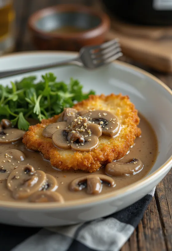 Jägerschnitzel served with mushroom sauce and parsley