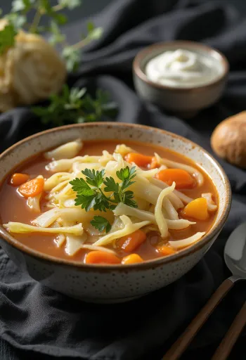 Steaming cabbage soup served rich with vegetables and spices, decorated with fresh dill.