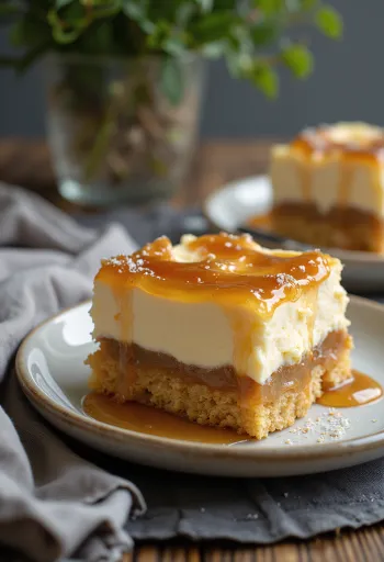Caramel sponge slice with golden brown pastry and creamy caramel layer