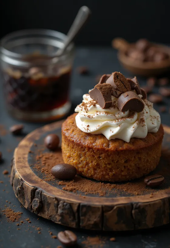 Coffee chestnut cake served with cocoa powder and chocolate shavings