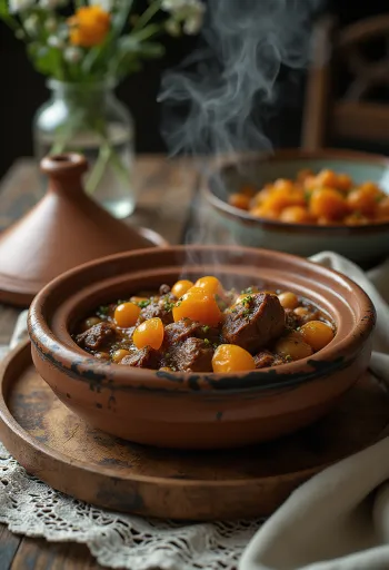 Moroccan tagine served in a clay pot, garnished with rich spices and colourful vegetables.