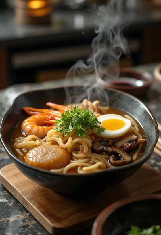Nabeyaki udon Japanese udon soup cooked in a pot with chicken and prawns