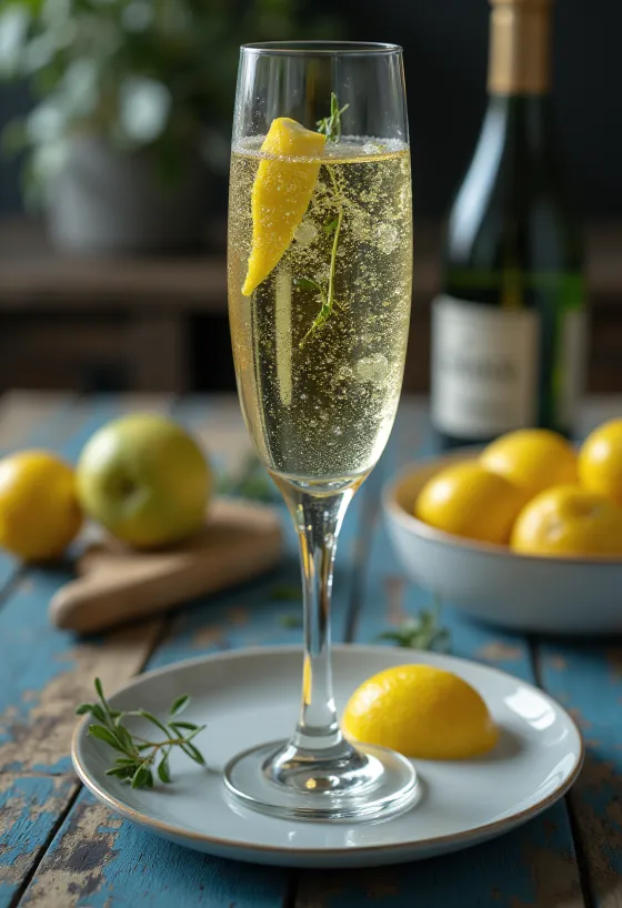 Italian Prosecco cider in a glass garnished with rosemary sprig