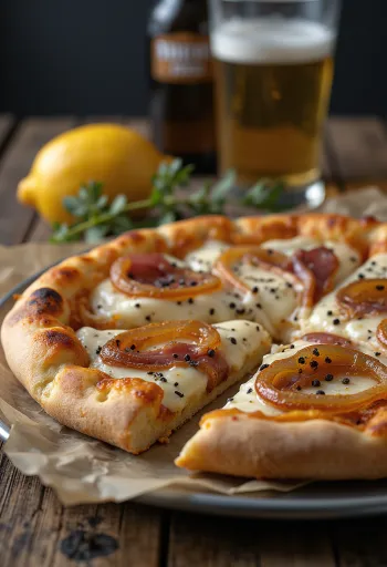 Pizza Alsacienne with sour cream, onion and bacon