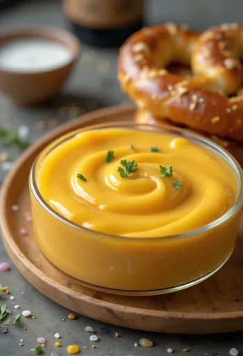 Beer cheddar cheese sauce in a bowl, decorated with fresh parsley, alongside nachos.