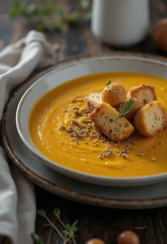 Butternut squash soup with spiced croutons served
