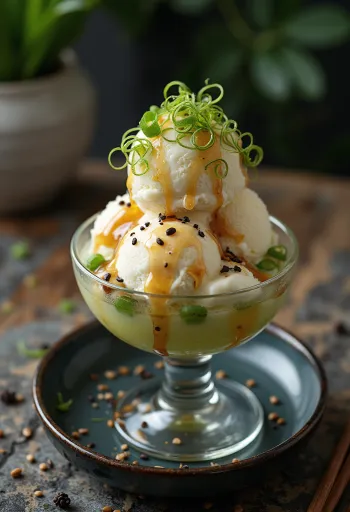 Spring onion sundae with vanilla ice cream, sesame seeds and soy sauce