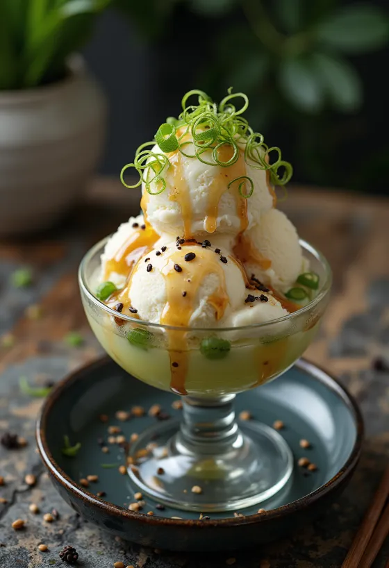 Spring onion sundae with vanilla ice cream, sesame seeds and soy sauce
