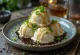 Spring onion sundae with vanilla ice cream, sesame seeds and soy sauce