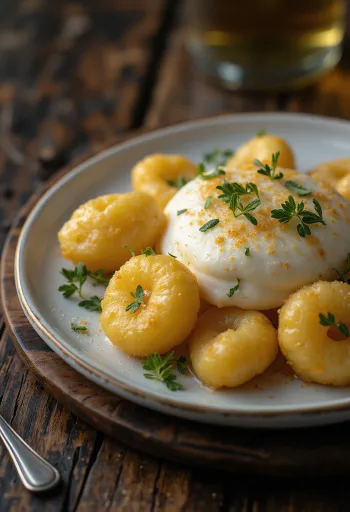 Served sweet gnocchi with wine sabayon