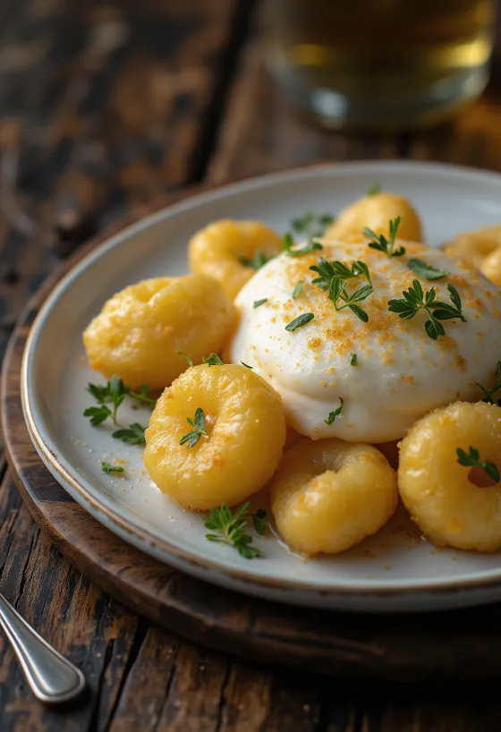 Served sweet gnocchi with wine sabayon