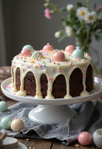 Chocolate polka dot cake decorated with white cream and edible dots
