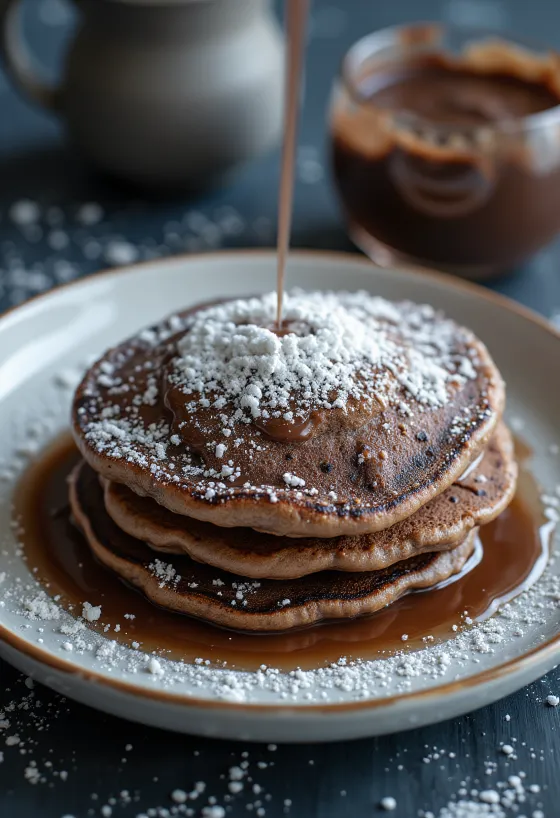Cocoa crêpes sprinkled with icing sugar, served on a plate