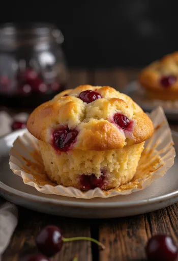 Fresh sour cherry muffins baked golden brown, sprinkled with icing sugar