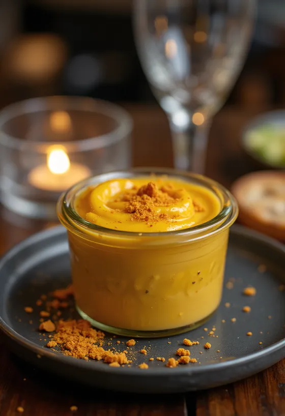 Beer chilli mustard sauce in a bowl, decorated with fresh chilli and mustard seeds.