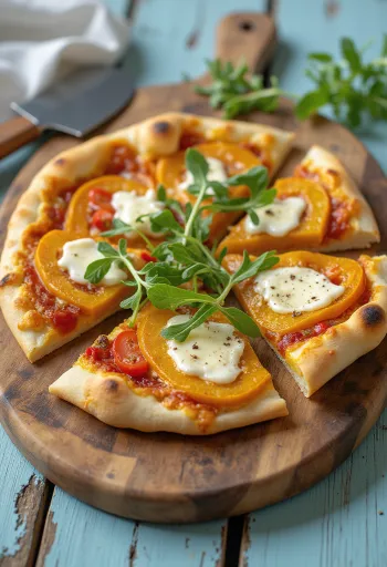 Butternut squash pizza with vegan cheese served