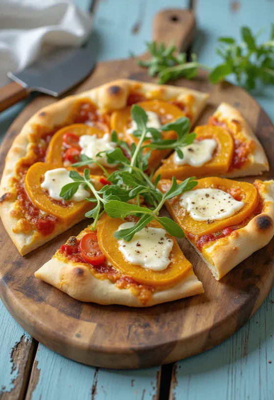 Butternut squash pizza with vegan cheese served