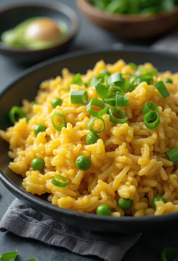 Egg fried rice served with fresh spring onions
