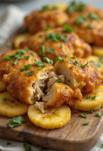 Chicken Acarajé, garnished with tapioca balls, fried plantain and coriander