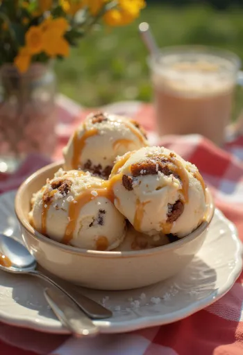 Salted Caramel Brownie ice cream served with caramel sauce and brownie pieces